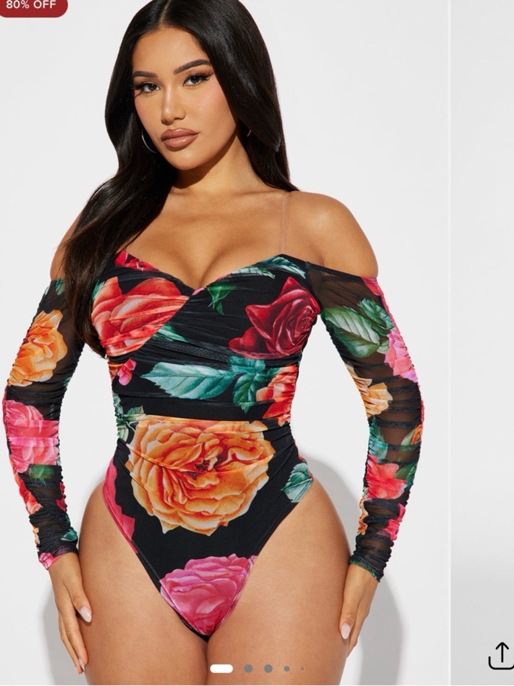 Fashion Nova Black Bodysuit with Red and Orange Rose Print
